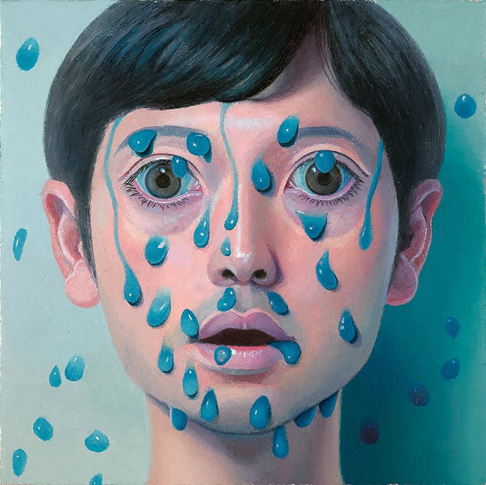 「青い液体」 2024年 ／ キャンバスに油彩 ／ 高41 x 幅41㎝ © Korehiko Hino