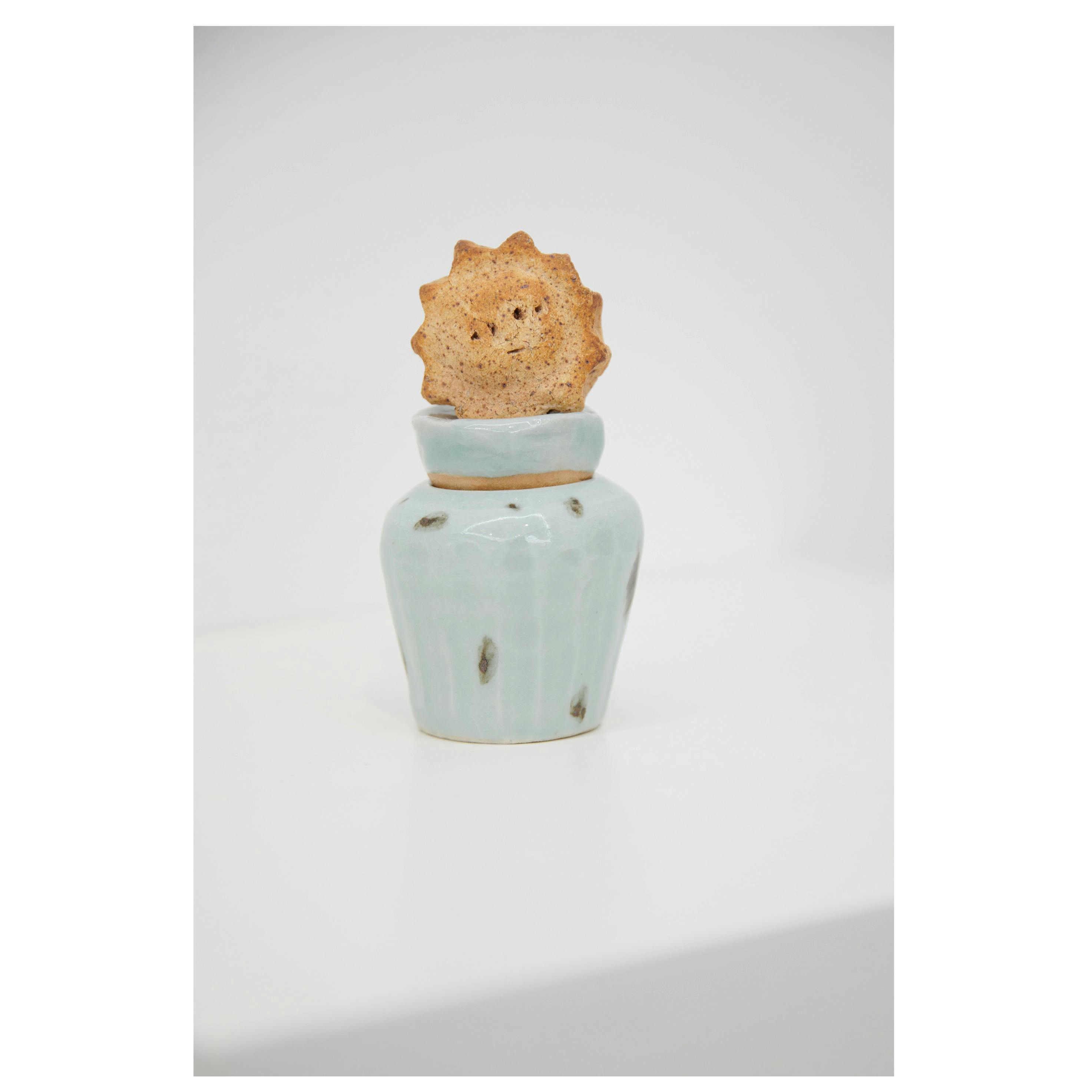 太陽小壺 #001　飛青磁、ビワ土