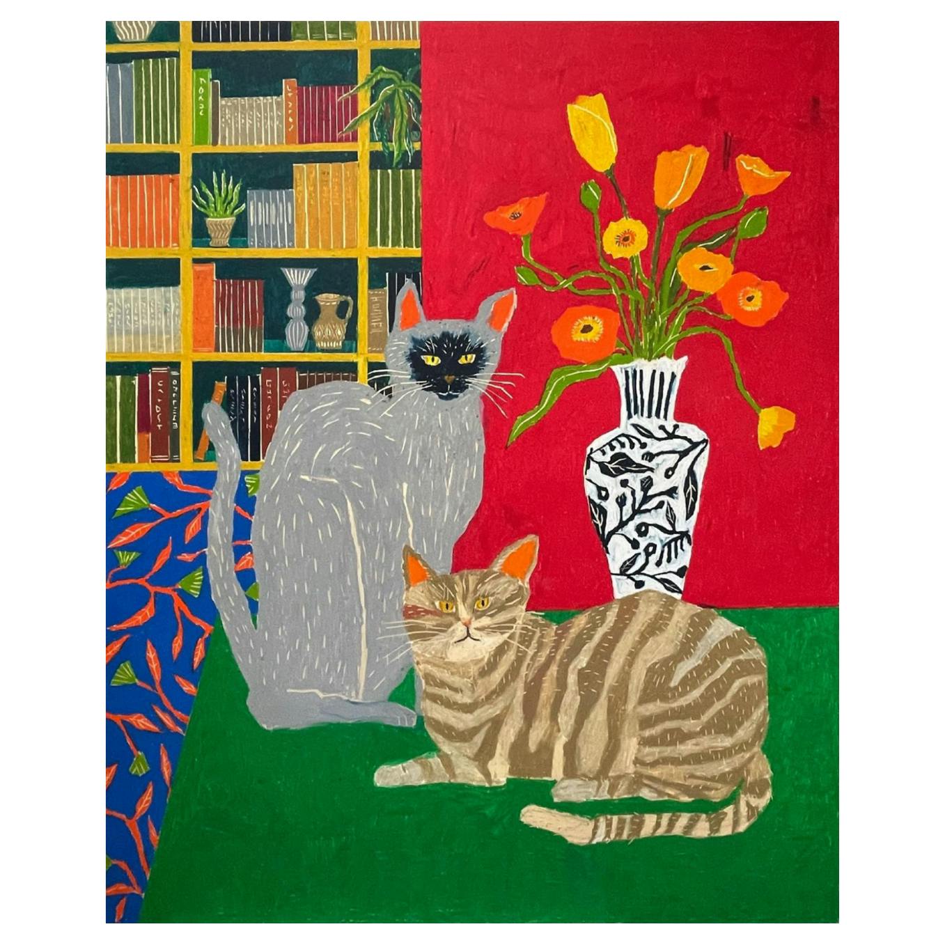 2匹の猫と花瓶のある部