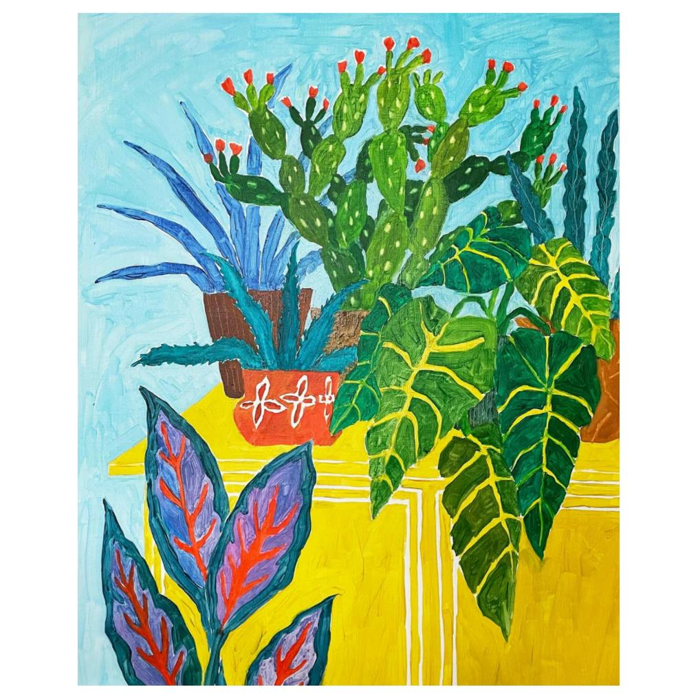 黄色の棚に置かれた観葉植物