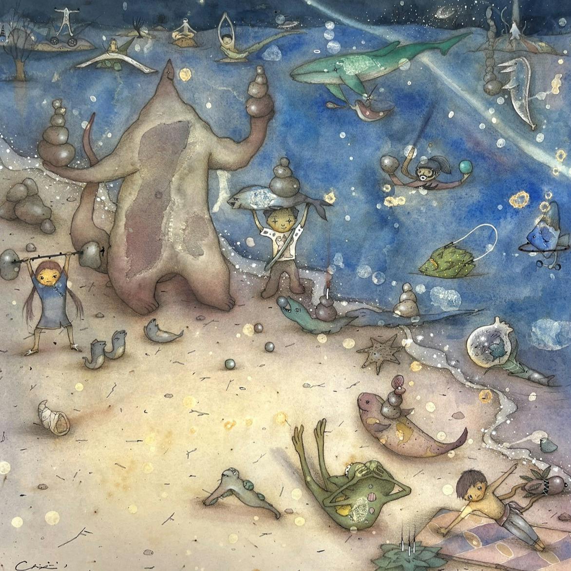 【ご予約受付】「かいじゅうたちの楽園」複製画「レッドキングと夜の海」