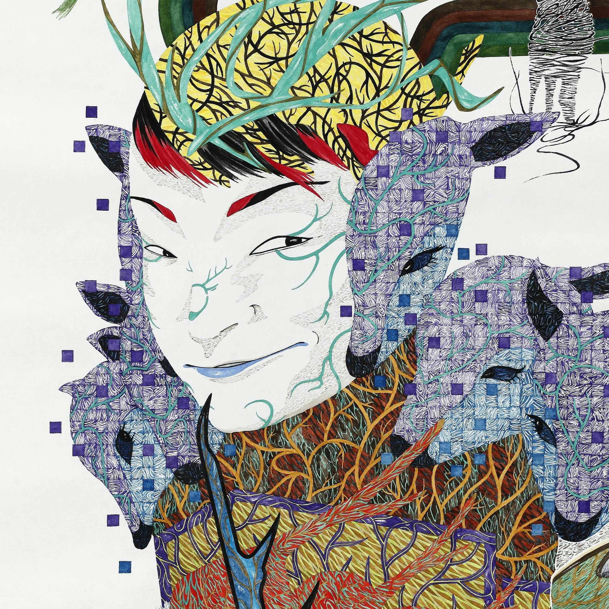 樹木の迷宮　霊力　装う 漲る自信　異性にかしずかれ  危うさまじりの魔斬りたずさえ　KASHIZOE 【額装済】