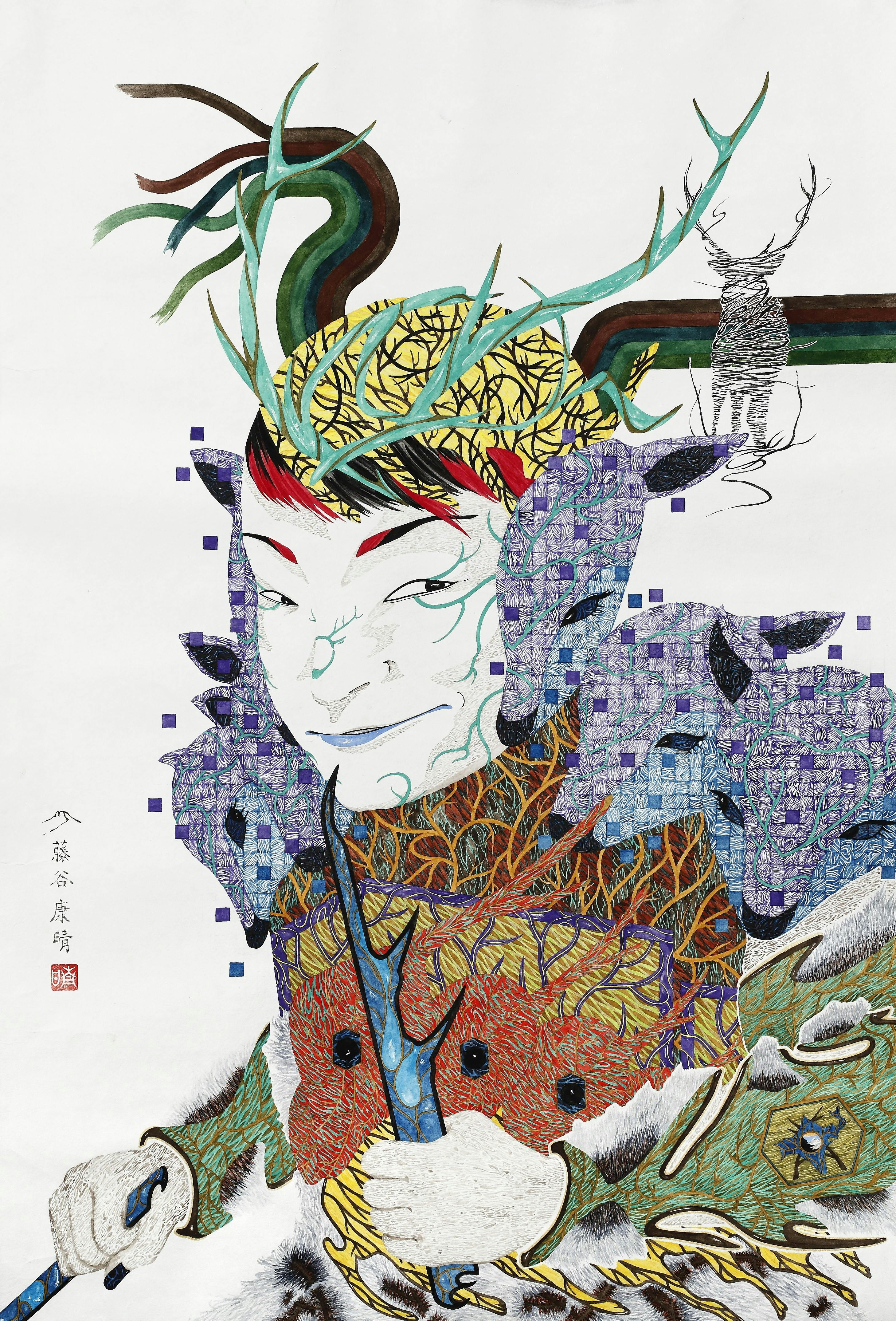 樹木の迷宮　霊力　装う 漲る自信　異性にかしずかれ  危うさまじりの魔斬りたずさえ　KASHIZOE 【額装済】