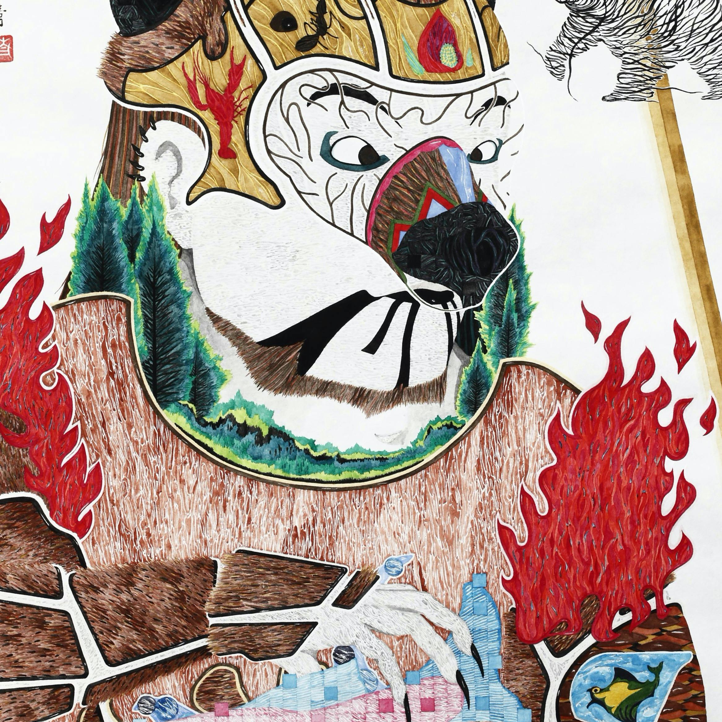 焚き付ける腕力　泳ぎ回る脚力 大地の命をすべからく　いただく プライド担保の野生の帝王　HIGUMARIO   【額装済】