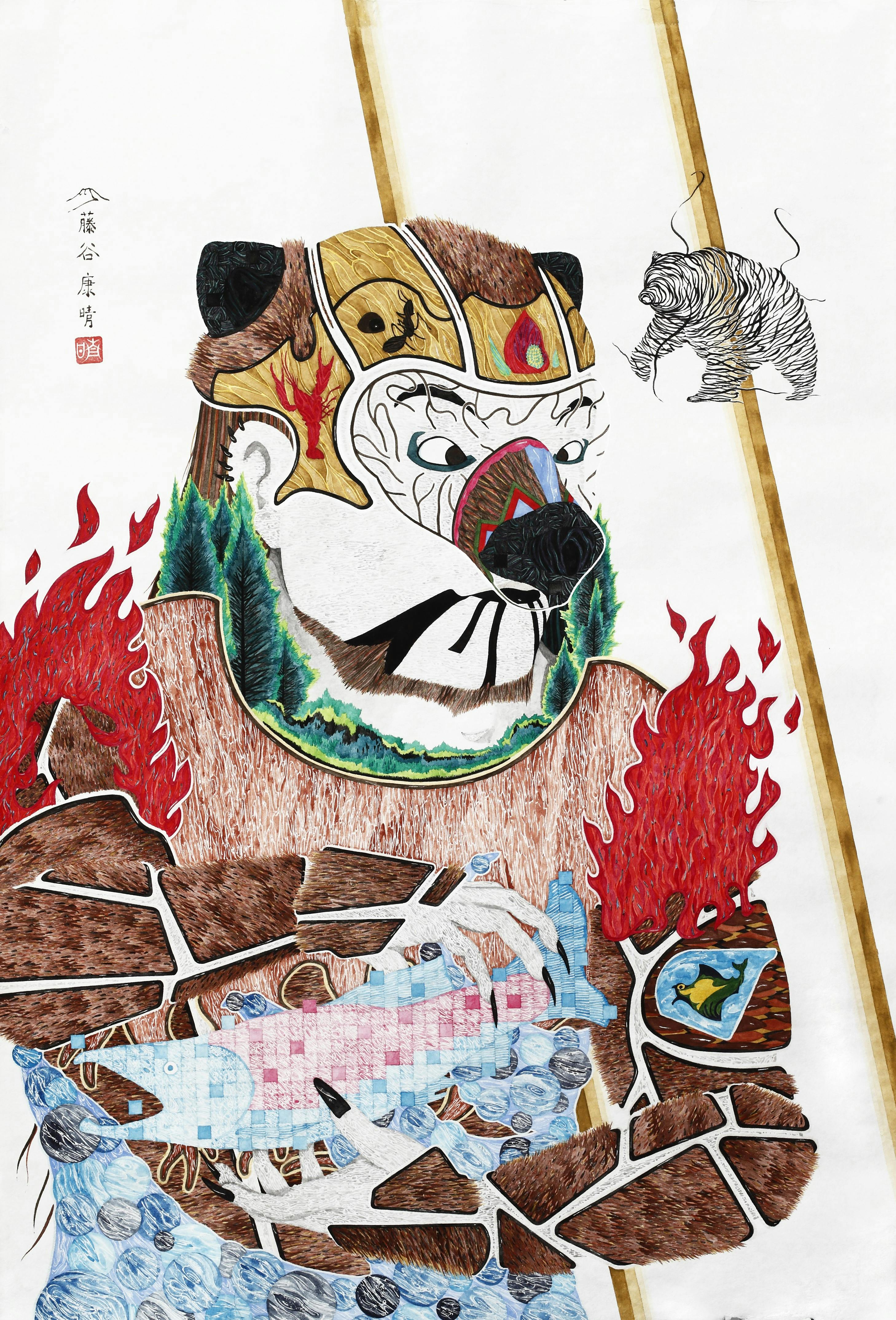 焚き付ける腕力　泳ぎ回る脚力 大地の命をすべからく　いただく プライド担保の野生の帝王　HIGUMARIO   【額装済】