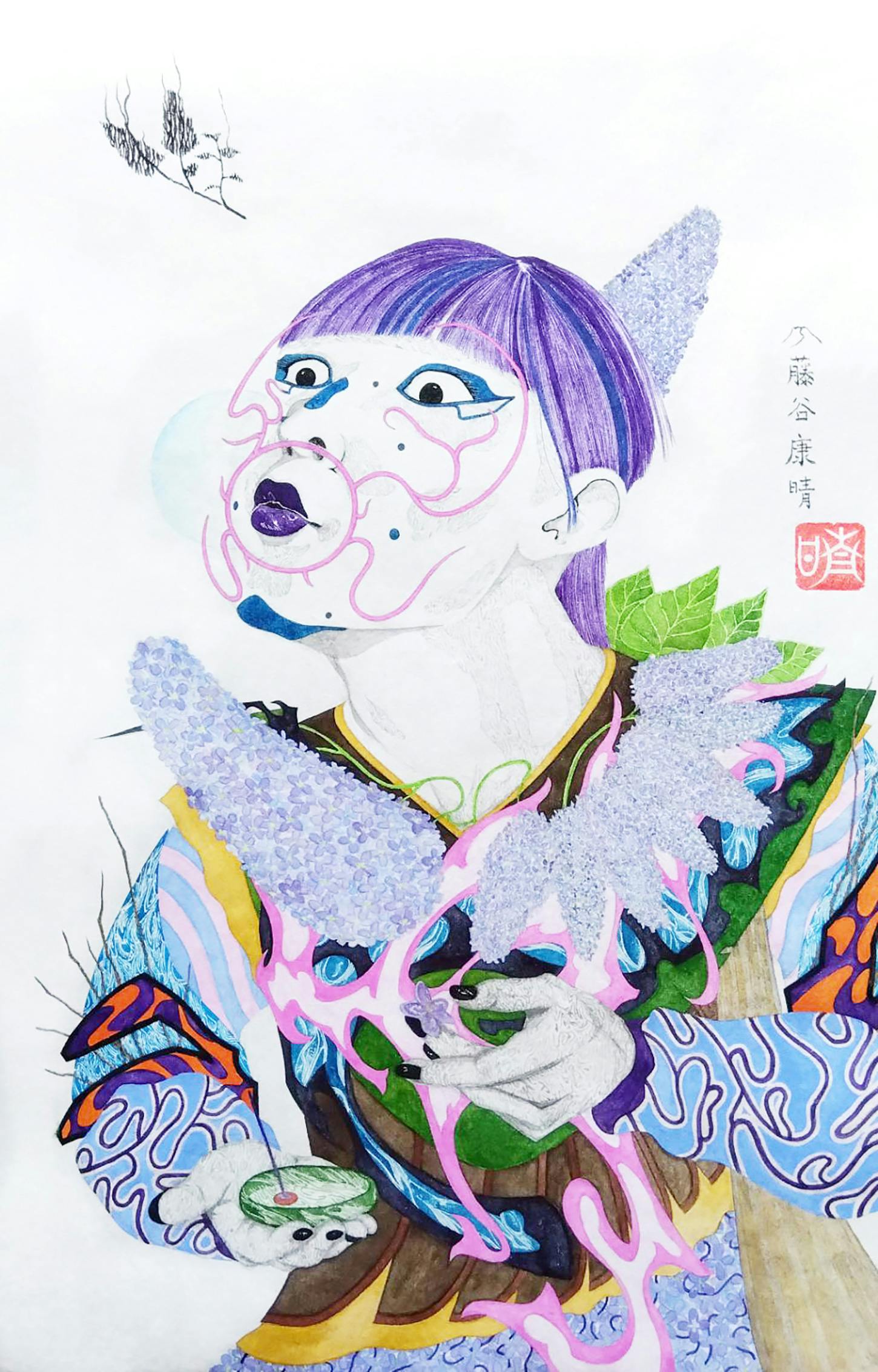 俗世の波間に　香を焚き 紫の息吹は　やすらぎの吐息 5枚ひとひら　幸あれLILA 2025年 【額装済】