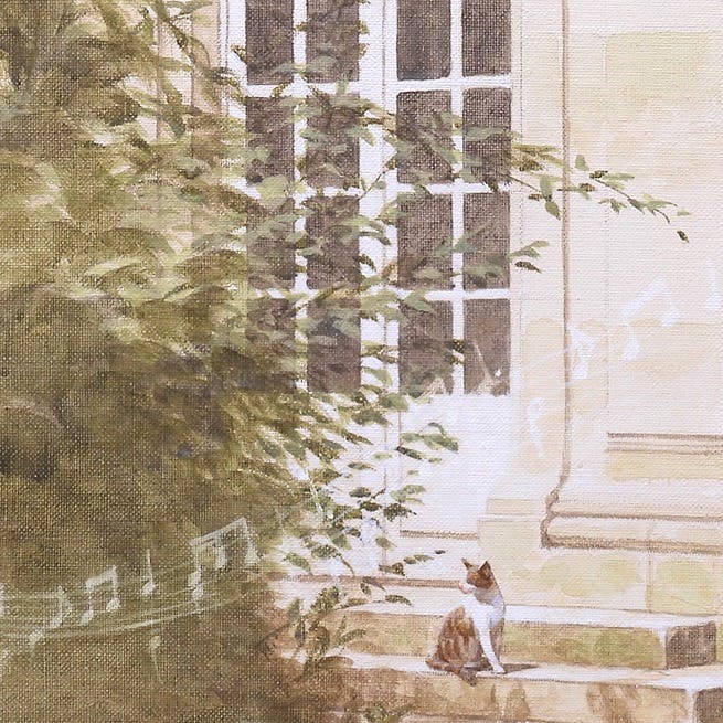 笹倉鉄平 Waltz in A-frat major アクリル原画6号 風景画 動物画 建物 猫 クラシック 音楽 ピアノ 貴重原画 絵画 真作保証