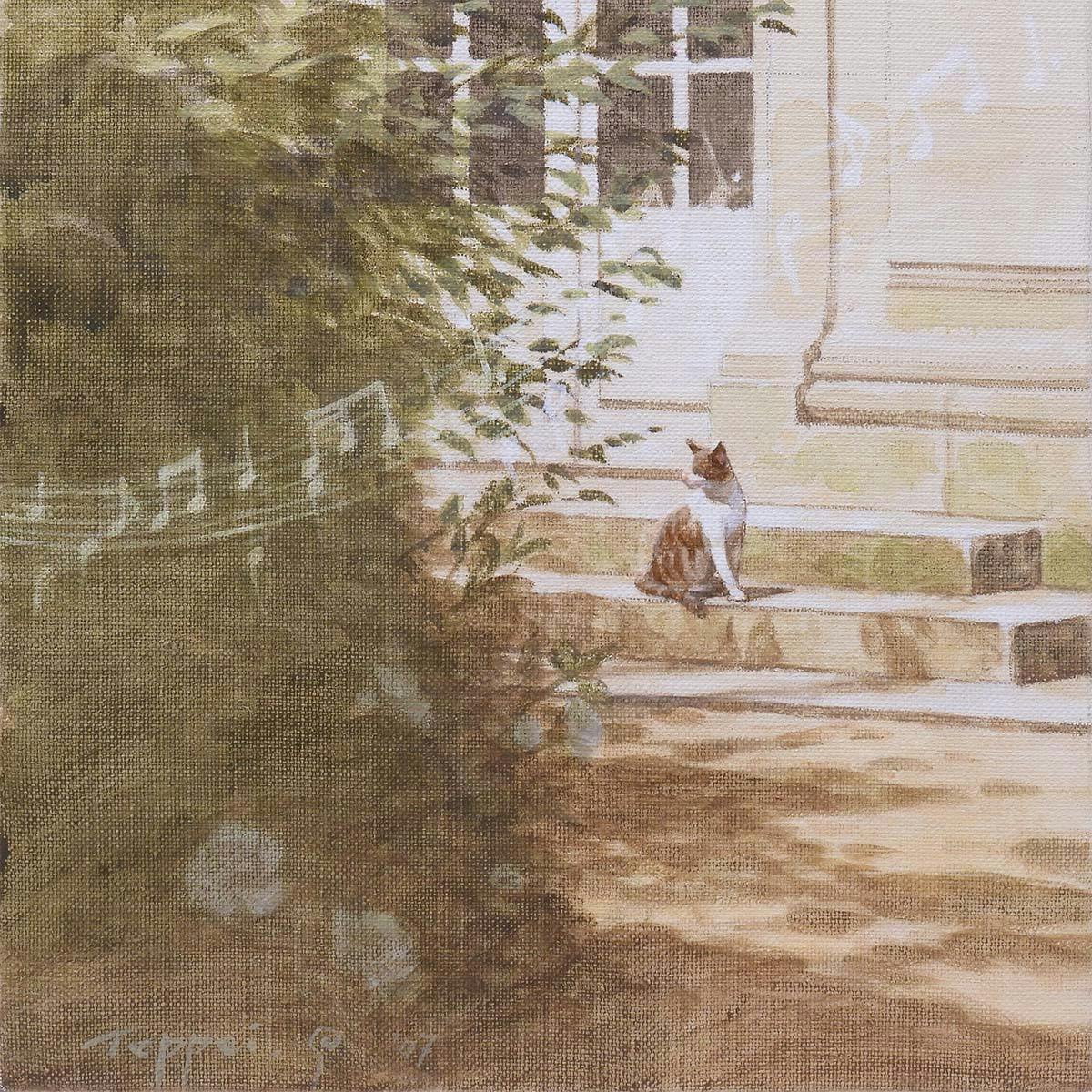 笹倉鉄平 Waltz in A-frat major アクリル原画6号 風景画 動物画 建物 猫 クラシック 音楽 ピアノ 貴重原画 絵画 真作保証