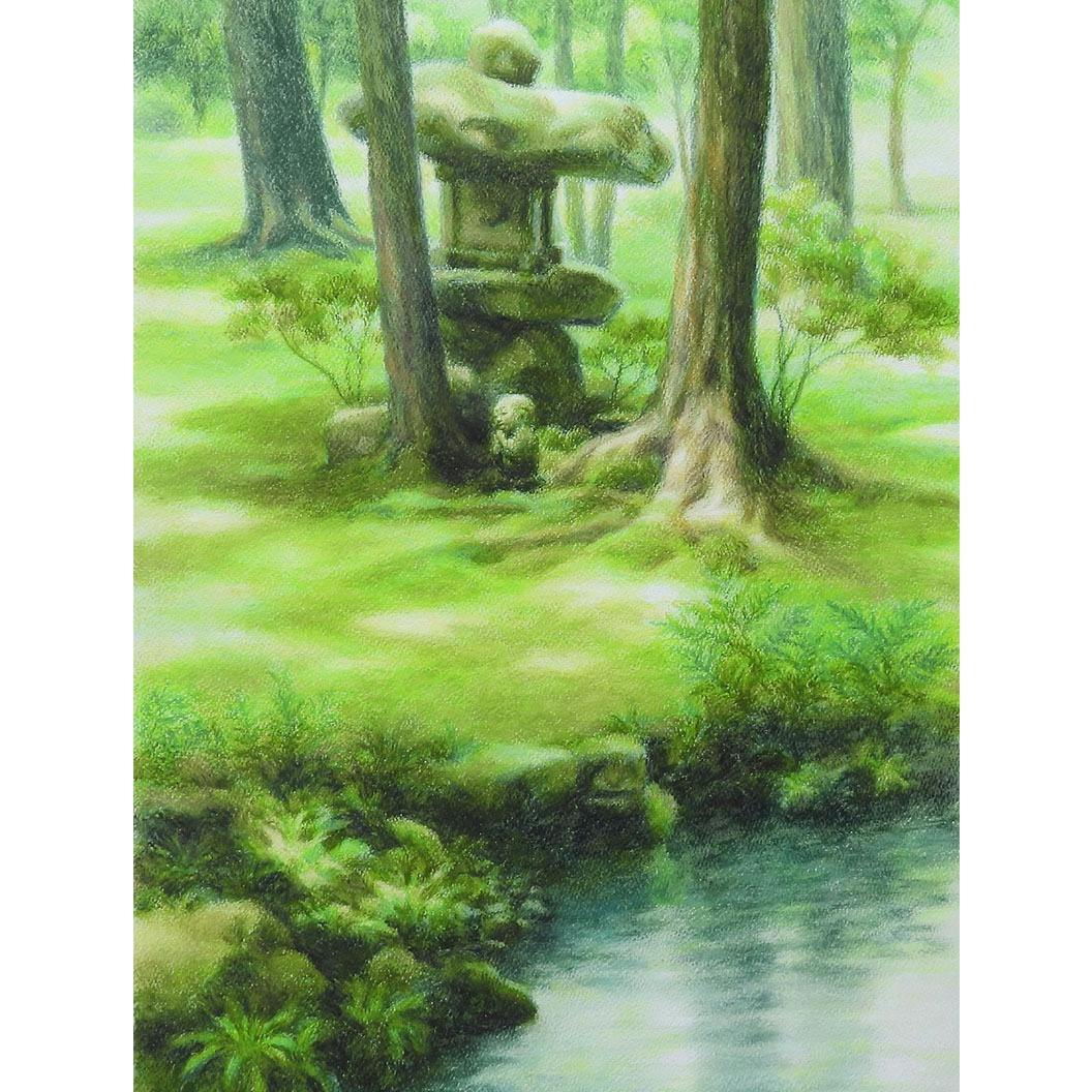 笹倉鉄平 わらべ地蔵 原画12号 風景画 解説あり 2015年 苔庭 寺 京都フィレンツェ姉妹都市50周年記念作品 絵画 真作保証