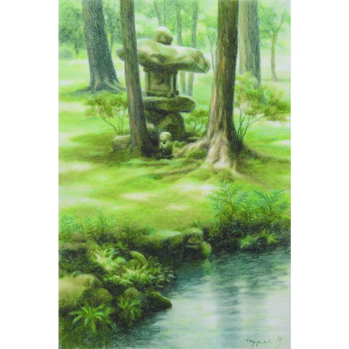 笹倉鉄平 わらべ地蔵 原画12号 風景画 解説あり 2015年 苔庭 寺 京都フィレンツェ姉妹都市50周年記念作品 絵画 真作保証