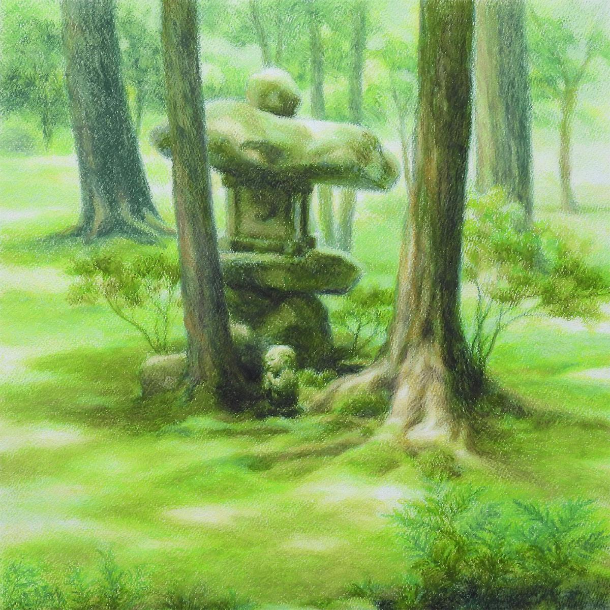 笹倉鉄平 わらべ地蔵 原画12号 風景画 解説あり 2015年 苔庭 寺 京都フィレンツェ姉妹都市50周年記念作品 絵画 真作保証