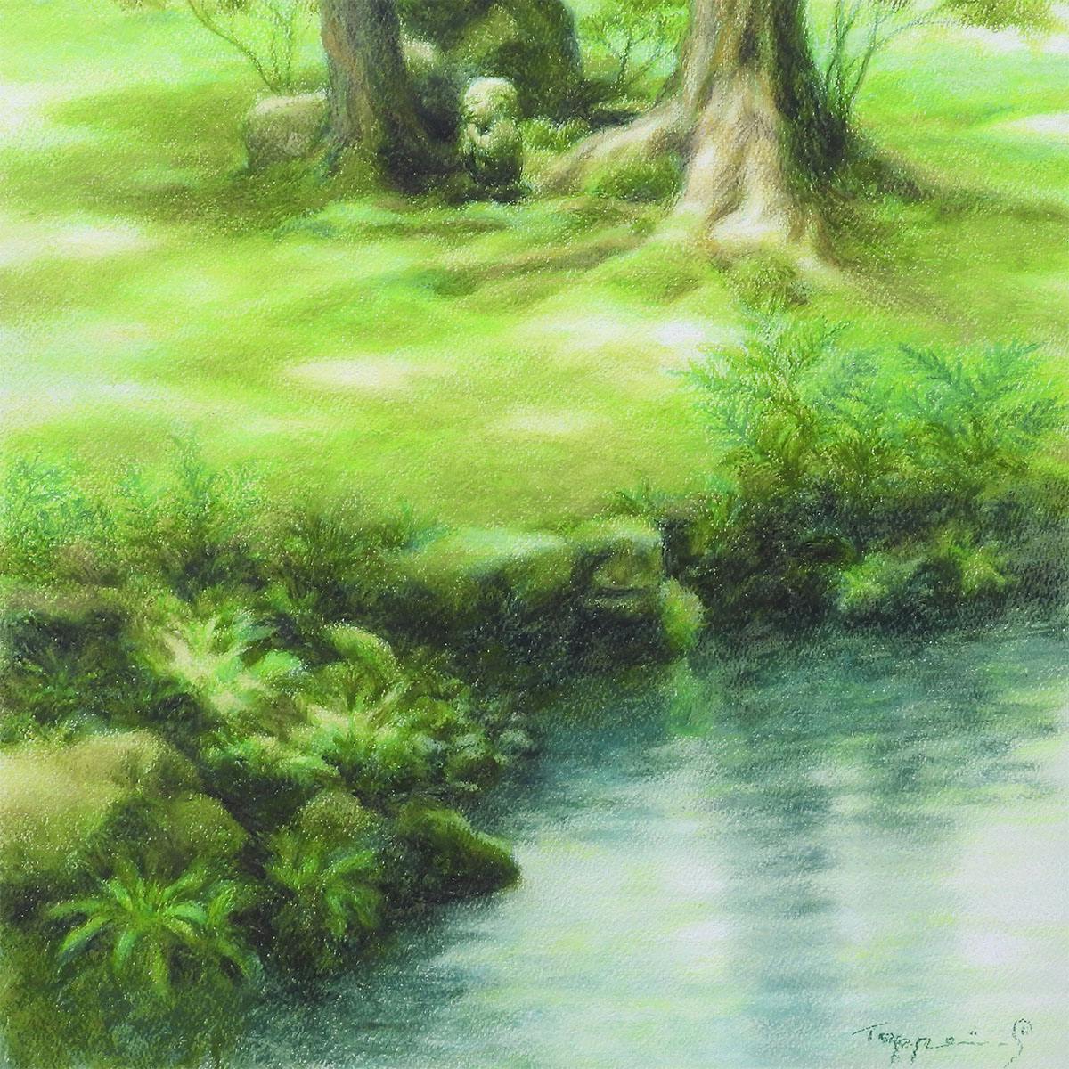 笹倉鉄平 わらべ地蔵 原画12号 風景画 解説あり 2015年 苔庭 寺 京都フィレンツェ姉妹都市50周年記念作品 絵画 真作保証