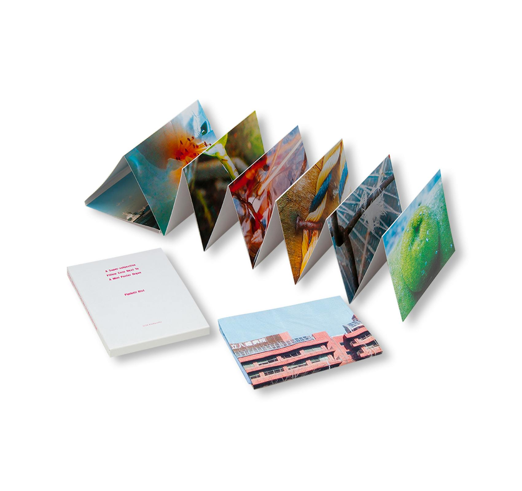 A SUPER-SUBJECTIVE PILLOW CASE NEXT TO A MINI POSTER ORGAN / 超主観的 蛇腹のミニポスターと枕カバー