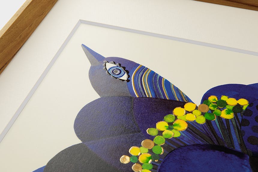 「Bird on blue flower」 A3 アートポスター（額装品）