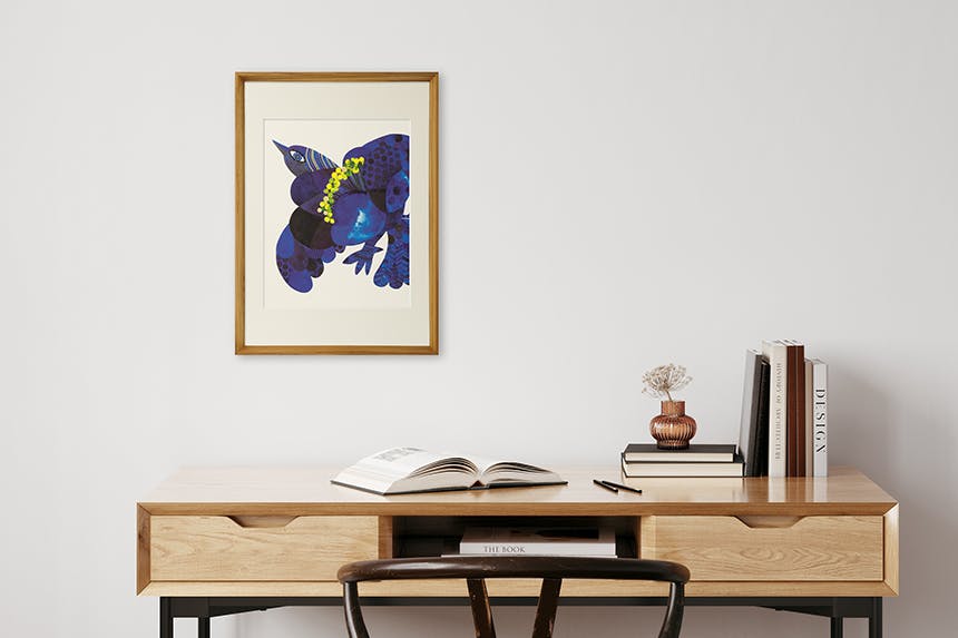 「Bird on blue flower」 A3 アートポスター（額装品）