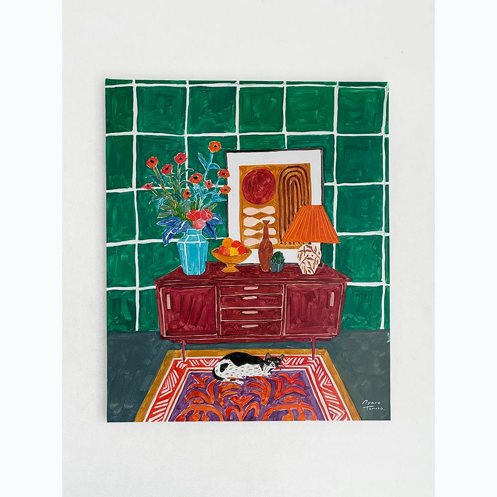 緑のタイル壁と猫のいる部屋 A Room with a Green Tiled Wall and a Cat