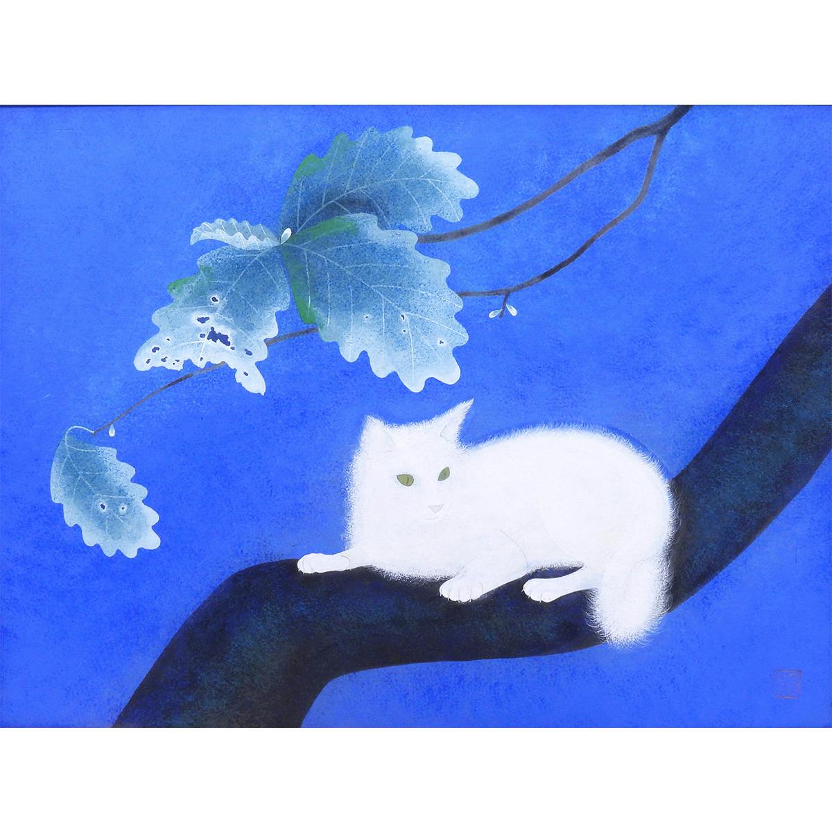 佐藤晨 佐藤昌美 緑韻 日本画 絵画 原画 紙本彩色12号 動物画 猫 共シール アート 解説あり 師:加山又造 堀文子 真作保証