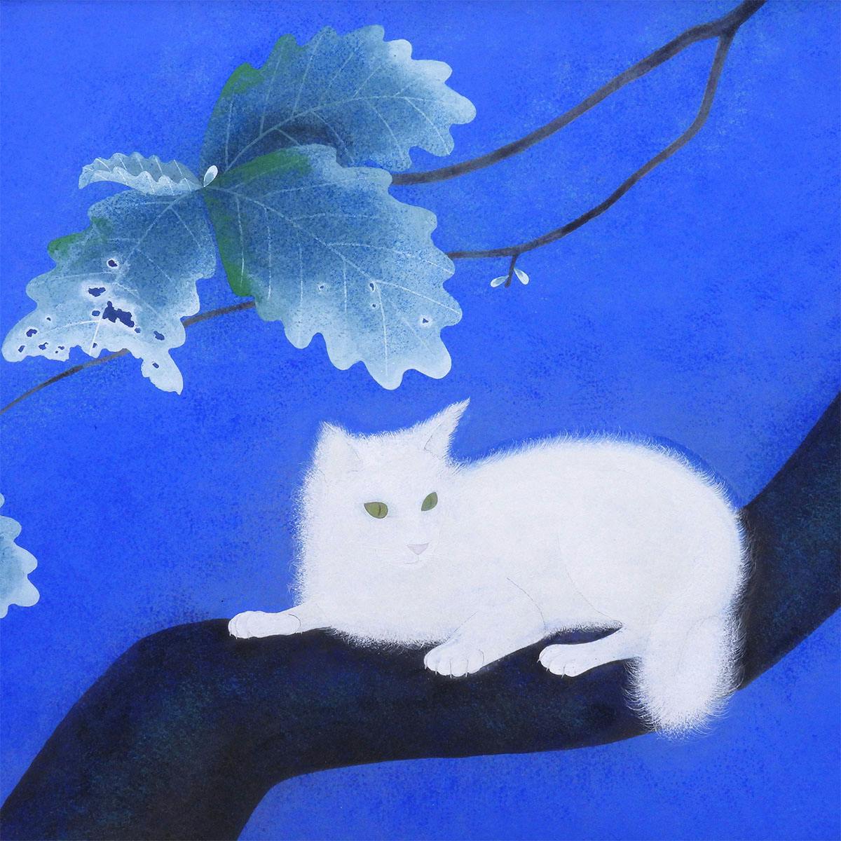 佐藤晨 佐藤昌美 緑韻 日本画 絵画 原画 紙本彩色12号 動物画 猫 共シール アート 解説あり 師:加山又造 堀文子 真作保証