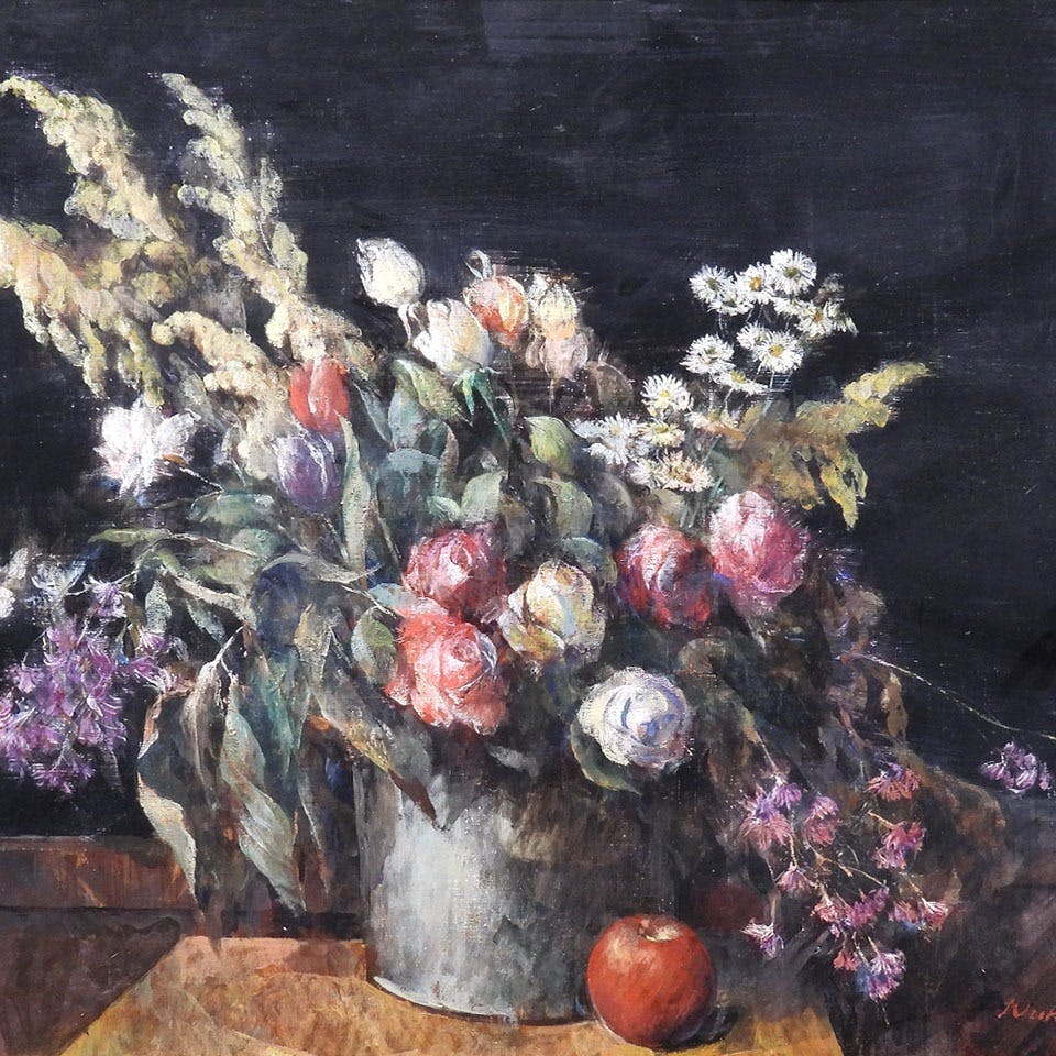 額賀加津己 花 油彩15号 静物画 植物 赤 白 黄色 アート リアリズム 写実画 インテリア 美術 作品 原画 油絵 絵画 真作保証