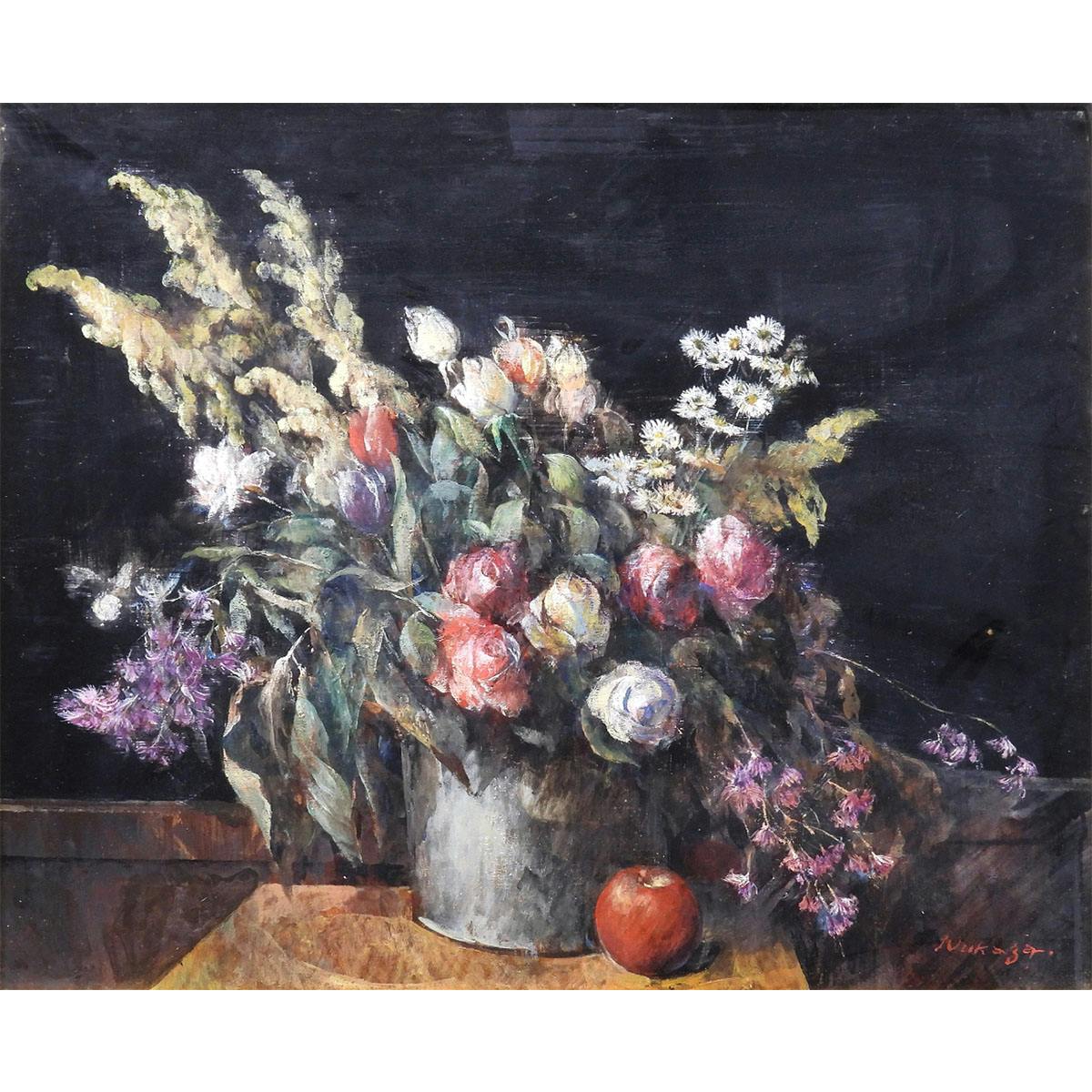 額賀加津己 花 油彩15号 静物画 植物 赤 白 黄色 アート リアリズム 写実画 インテリア 美術 作品 原画 油絵 絵画 真作保証