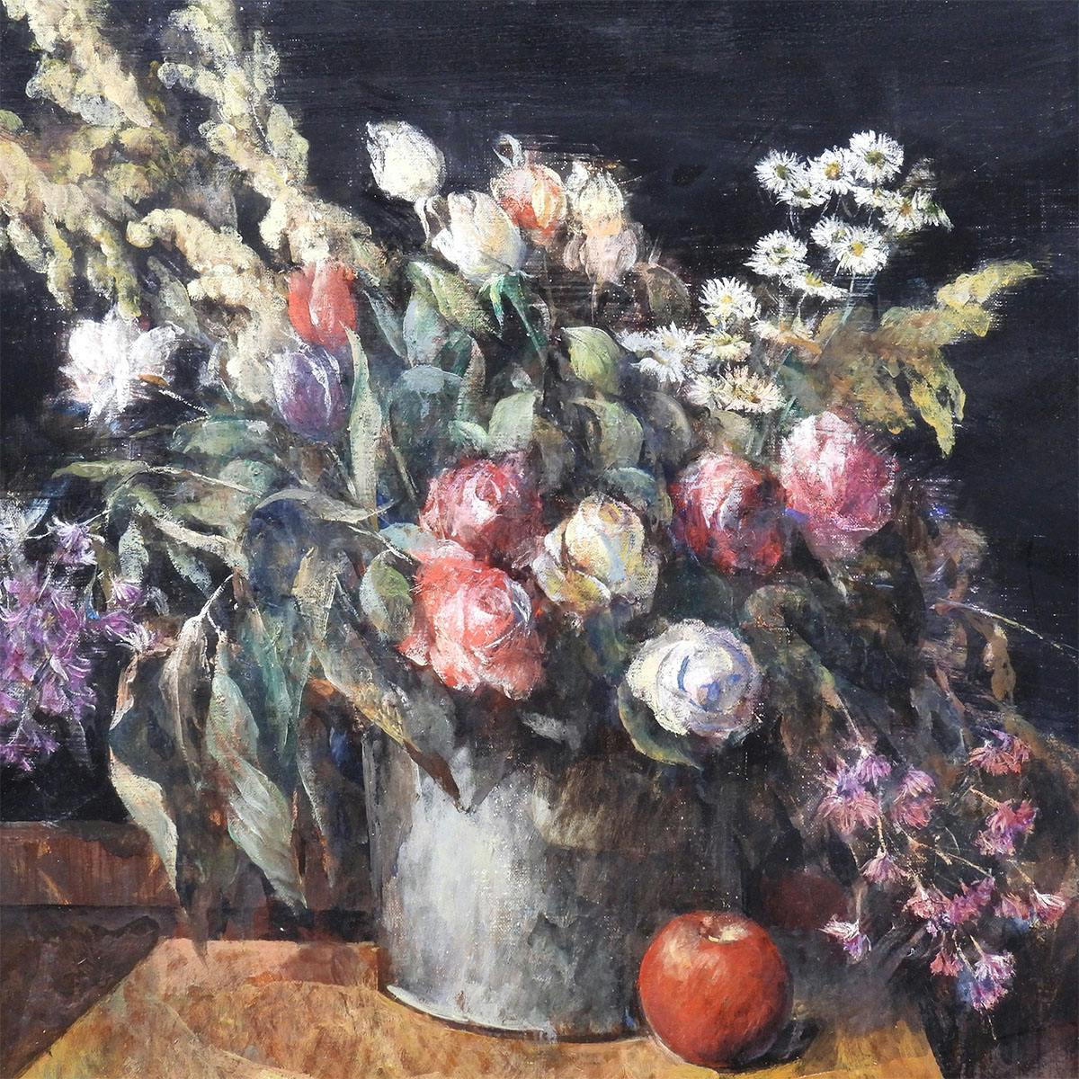 額賀加津己 花 油彩15号 静物画 植物 赤 白 黄色 アート リアリズム 写実画 インテリア 美術 作品 原画 油絵 絵画 真作保証