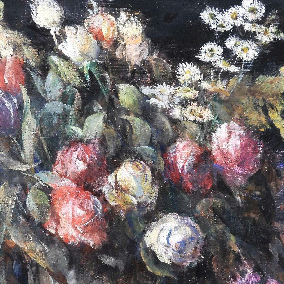 額賀加津己 花 油彩15号 静物画 植物 赤 白 黄色 アート リアリズム 写実画 インテリア 美術 作品 原画 油絵 絵画 真作保証