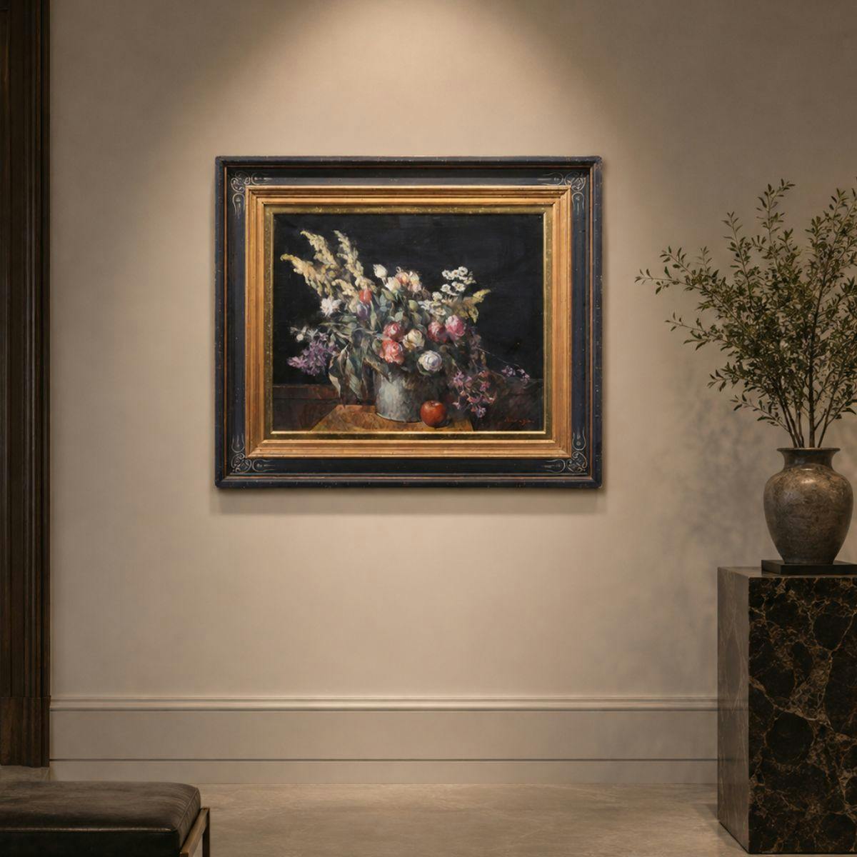 額賀加津己 花 油彩15号 静物画 植物 赤 白 黄色 アート リアリズム 写実画 インテリア 美術 作品 原画 油絵 絵画 真作保証