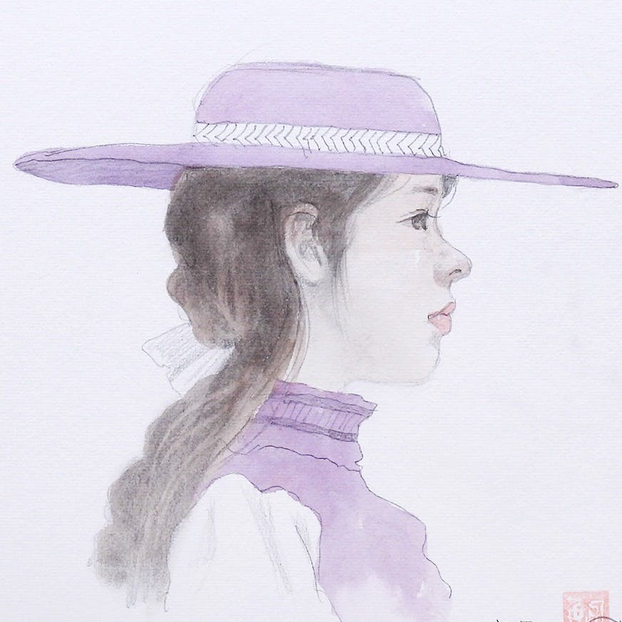 藤井勉 帽子の少女 色紙に水彩 人物画 女の子 女子 子供 写実 リアリズム アート 作品 美術館所蔵作家 原画 絵画 真作保証