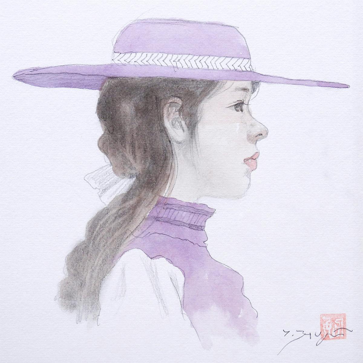 藤井勉 帽子の少女 色紙に水彩 人物画 女の子 女子 子供 写実 リアリズム アート 作品 美術館所蔵作家 原画 絵画 真作保証