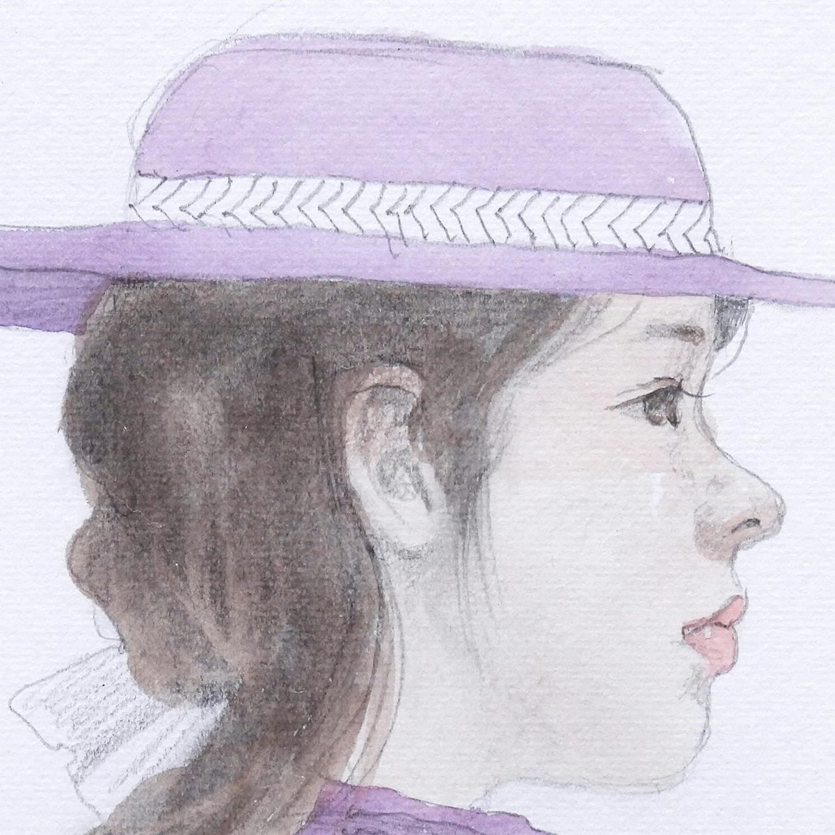 藤井勉 帽子の少女 色紙に水彩 人物画 女の子 女子 子供 写実 リアリズム アート 作品 美術館所蔵作家 原画 絵画 真作保証