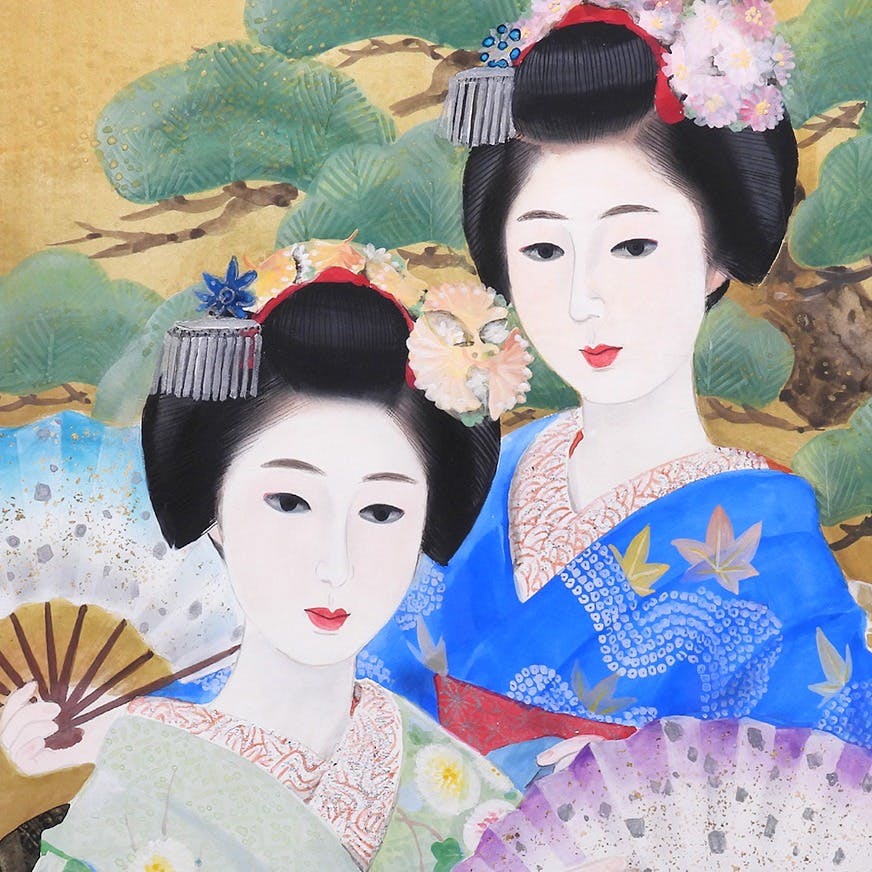 中尾淳 舞妓 紙本彩色6号 人物画 共シール 女性像 婦人像 美人画 芸妓 扇 師:寺島紫明 日本画 作品 原画 絵画 真作保証