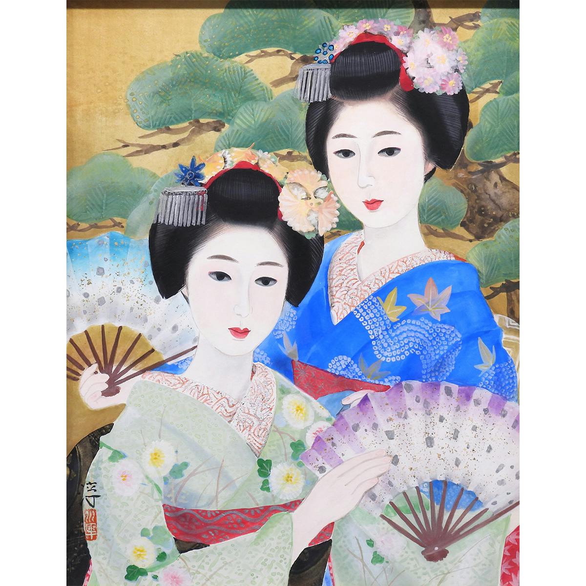 中尾淳 舞妓 紙本彩色6号 人物画 共シール 女性像 婦人像 美人画 芸妓 扇 師:寺島紫明 日本画 作品 原画 絵画 真作保証
