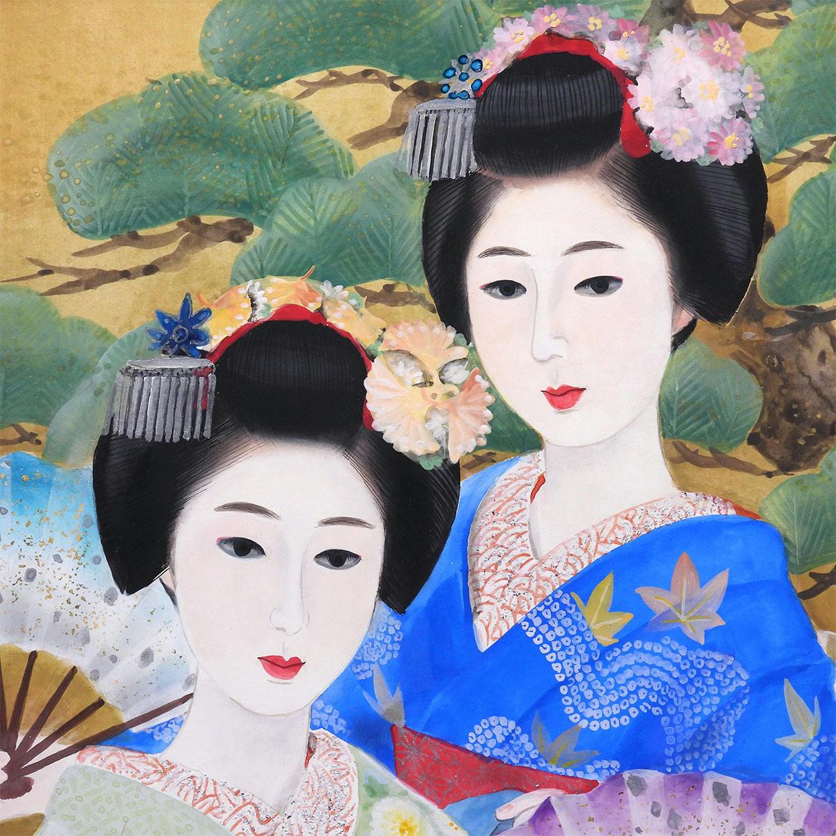 中尾淳 舞妓 紙本彩色6号 人物画 共シール 女性像 婦人像 美人画 芸妓 扇 師:寺島紫明 日本画 作品 原画 絵画 真作保証