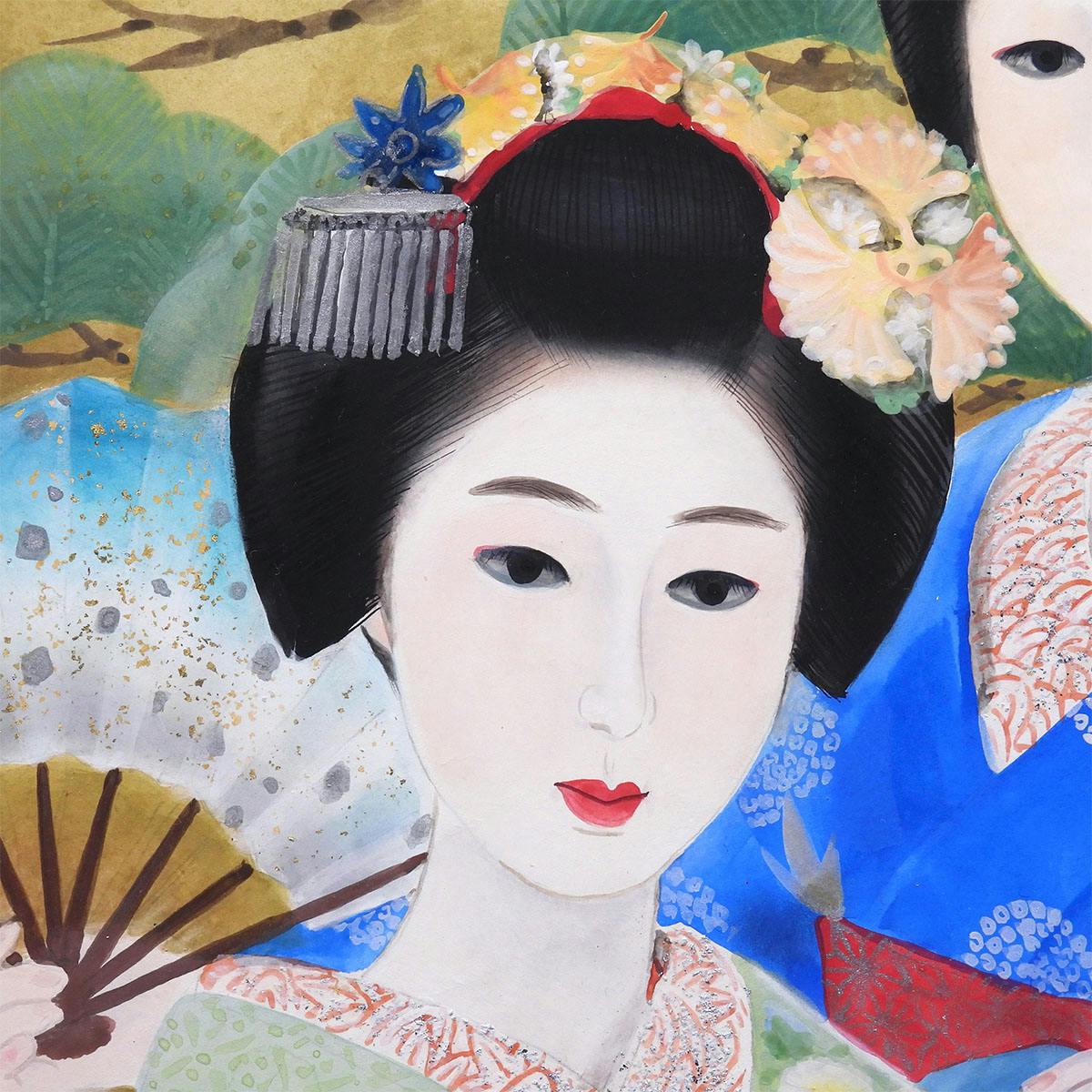 中尾淳 舞妓 紙本彩色6号 人物画 共シール 女性像 婦人像 美人画 芸妓 扇 師:寺島紫明 日本画 作品 原画 絵画 真作保証
