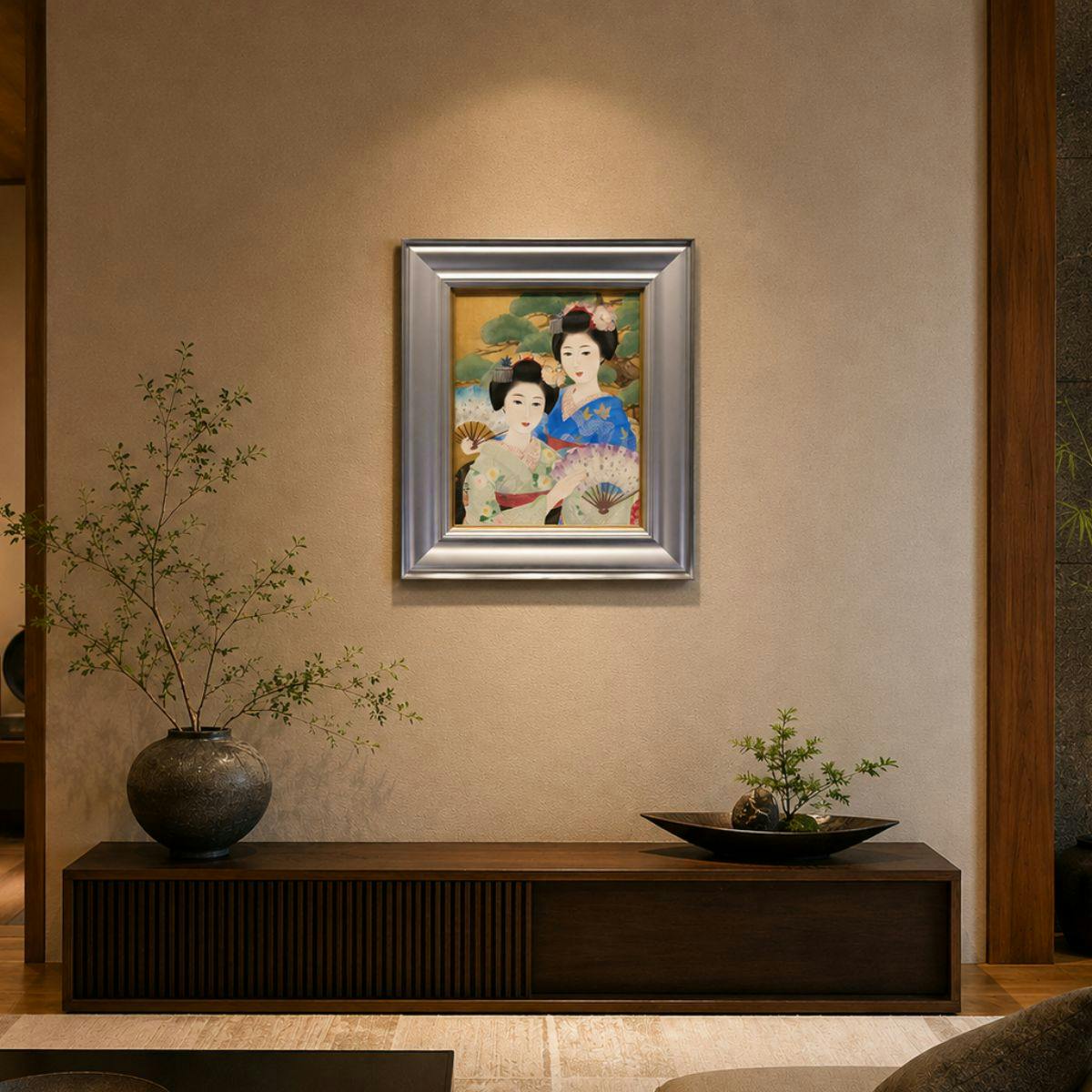 中尾淳 舞妓 紙本彩色6号 人物画 共シール 女性像 婦人像 美人画 芸妓 扇 師:寺島紫明 日本画 作品 原画 絵画 真作保証