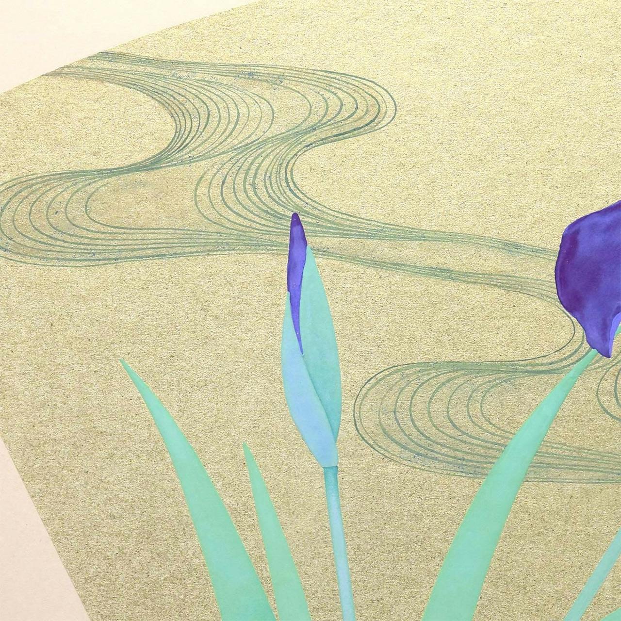 牧進 皐月 金地扇面に彩色 静物画 共シール 日本画 菖蒲 花 流水文 琳派 マレーシア政府寄贈 解説あり 原画 絵画 真作保証