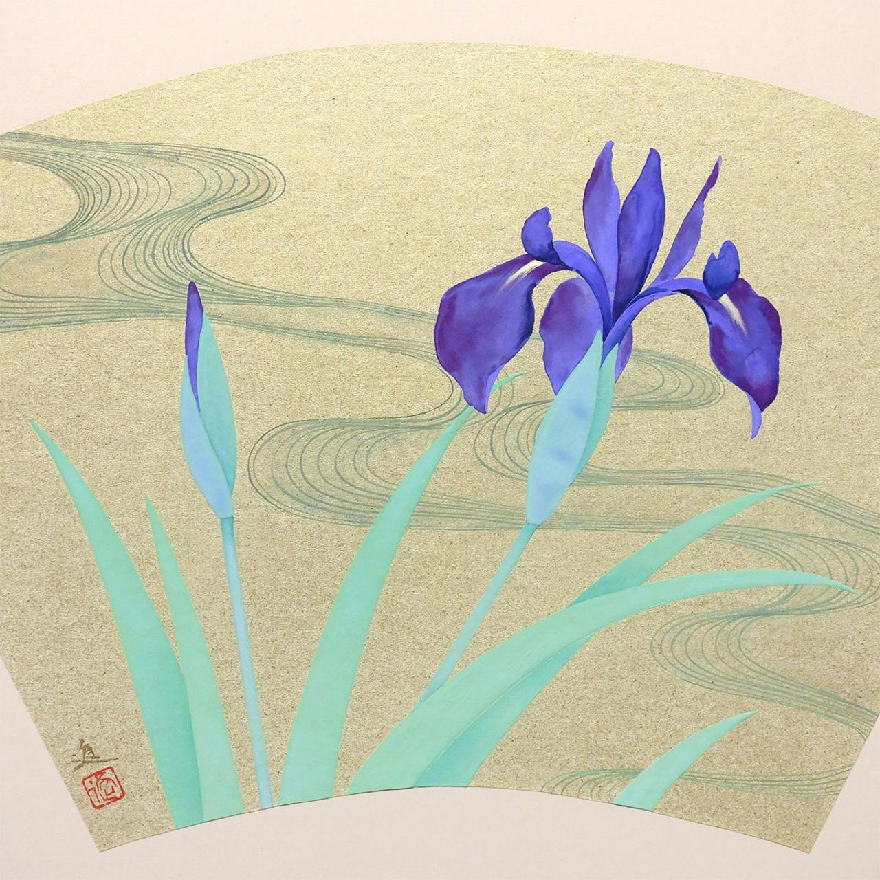 牧進 皐月 金地扇面に彩色 静物画 共シール 日本画 菖蒲 花 流水文 琳派 マレーシア政府寄贈 解説あり 原画 絵画 真作保証