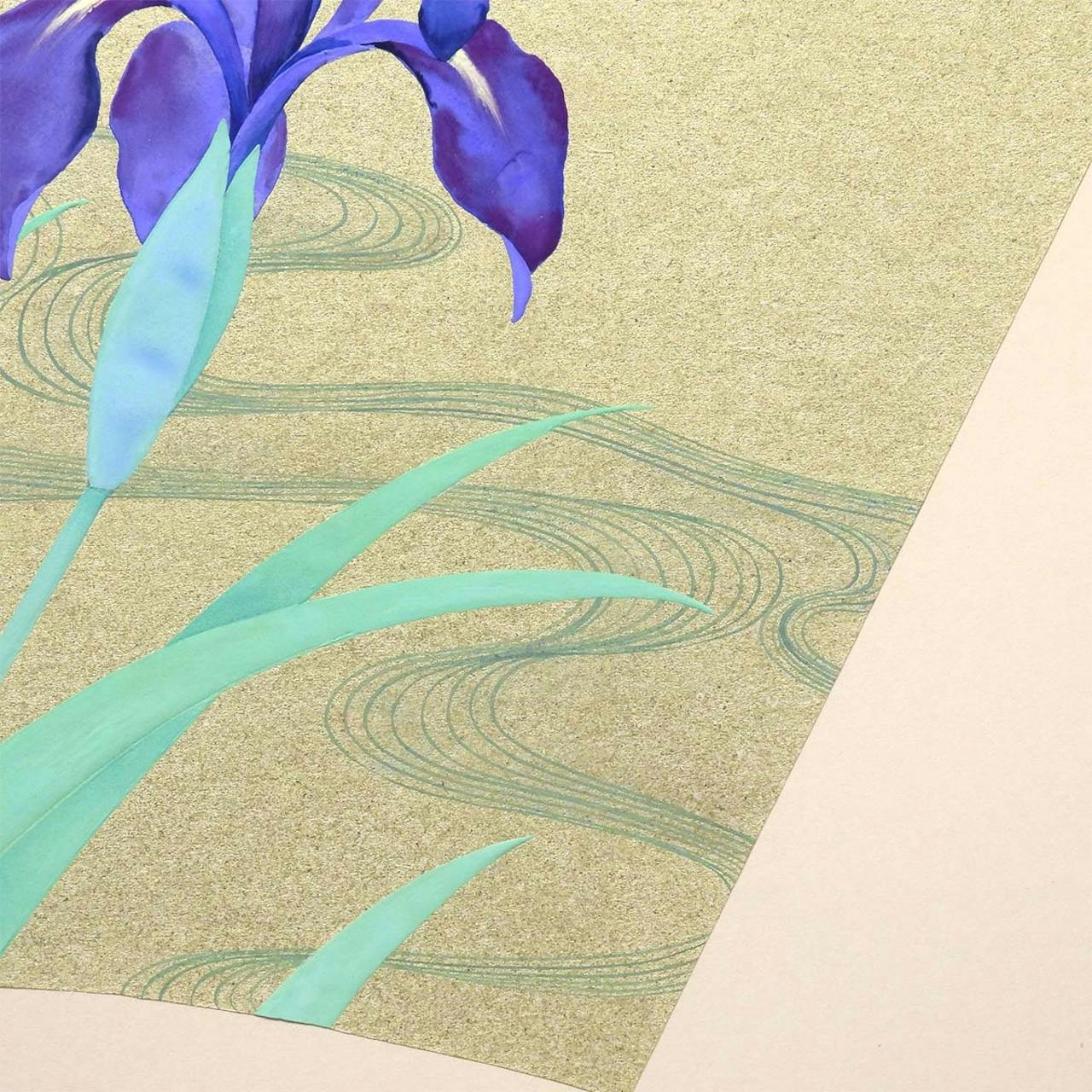 牧進 皐月 金地扇面に彩色 静物画 共シール 日本画 菖蒲 花 流水文 琳派 マレーシア政府寄贈 解説あり 原画 絵画 真作保証