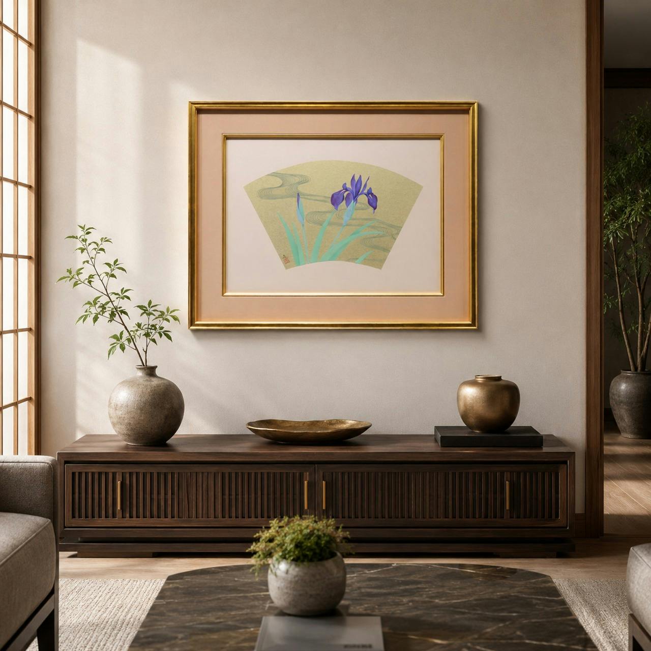 牧進 皐月 金地扇面に彩色 静物画 共シール 日本画 菖蒲 花 流水文 琳派 マレーシア政府寄贈 解説あり 原画 絵画 真作保証